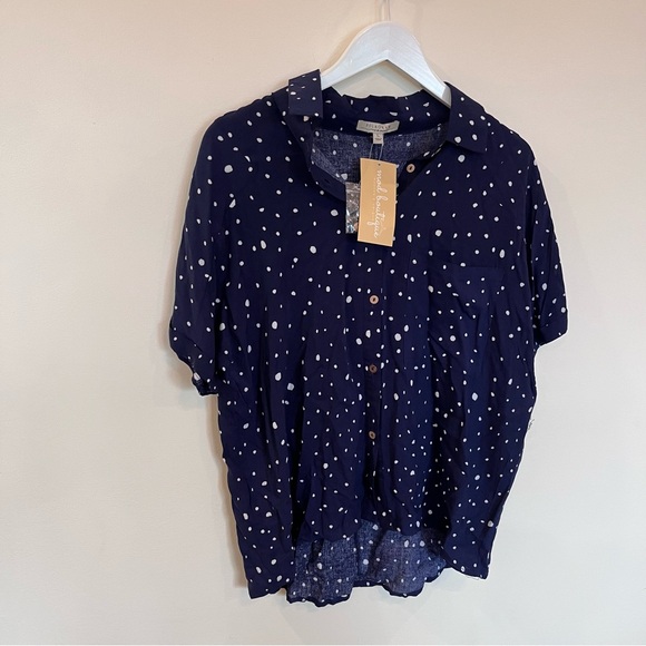 Polagram Tops - NWT Polagram Button Down Blouse Navy White Polka Dots Womens Large Flowy